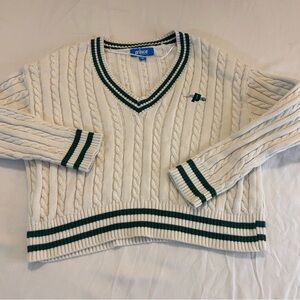 Prince Pickleball Cable Knit V-Neck Sweater Womens Medium Green And White